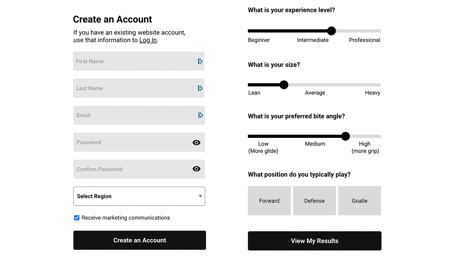 Wireframe of account creation and experience quiz shown on mobile devices
